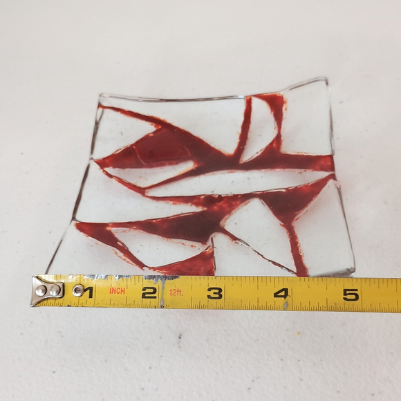 Vintage Red Clear Fuses Glass Trinket Dish Square Geometric 5x5 - Picture 6 of 6
